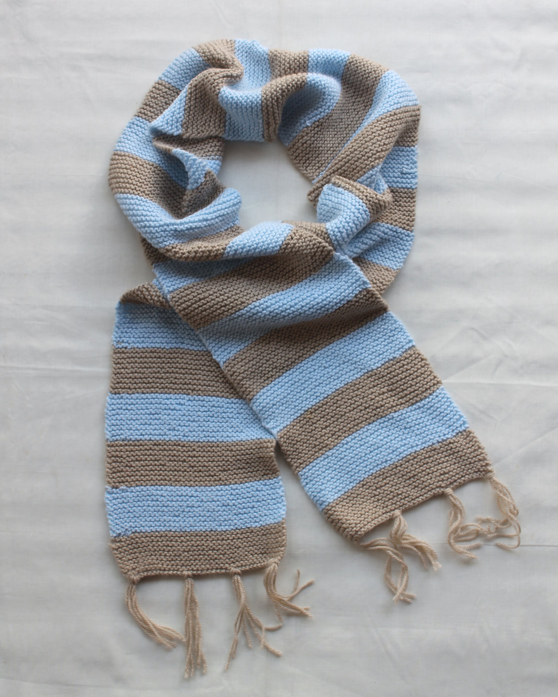 Blue Beige Band Hand-knitted Muffler