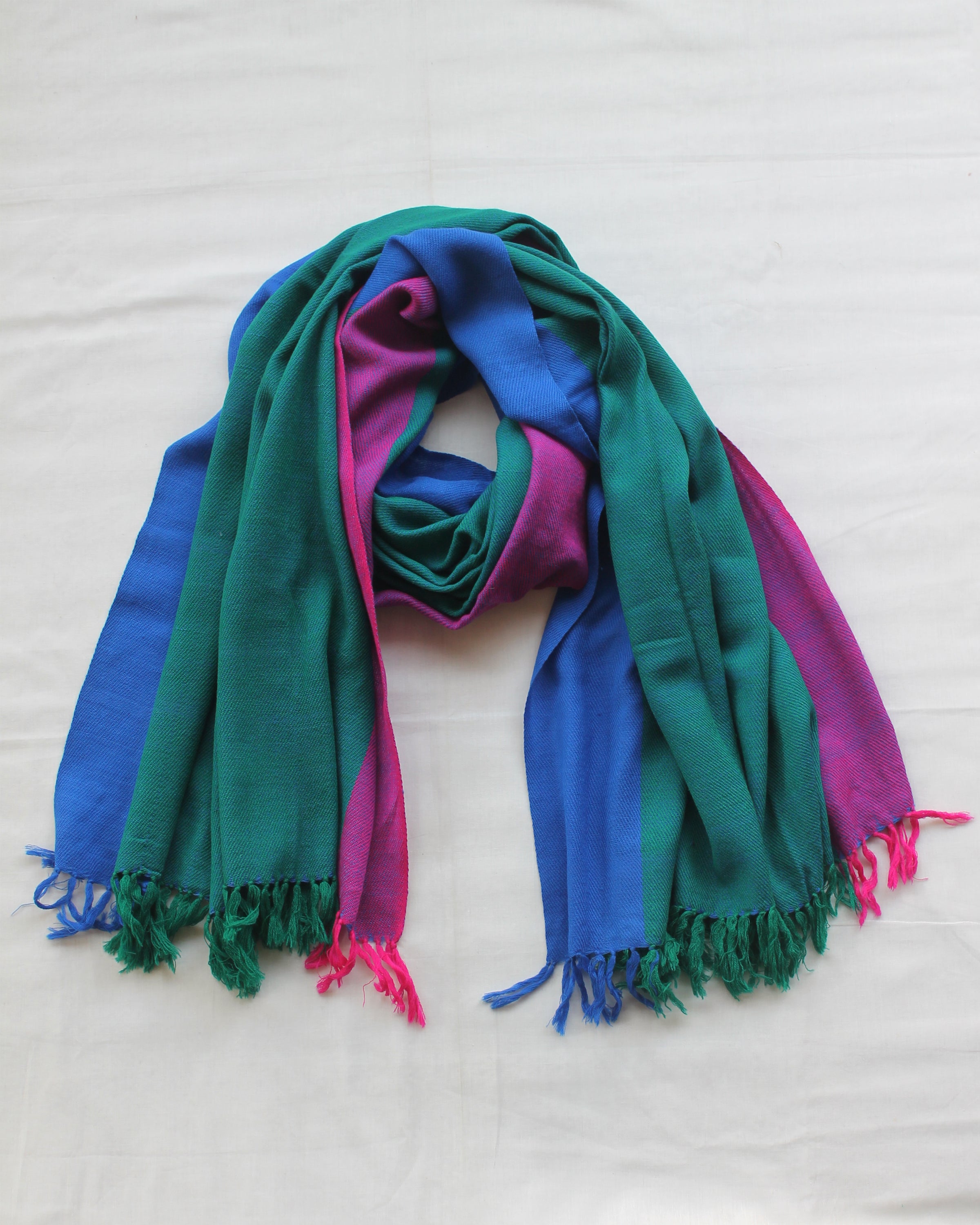 Pink-Blue Side Band Green Woven Shawl