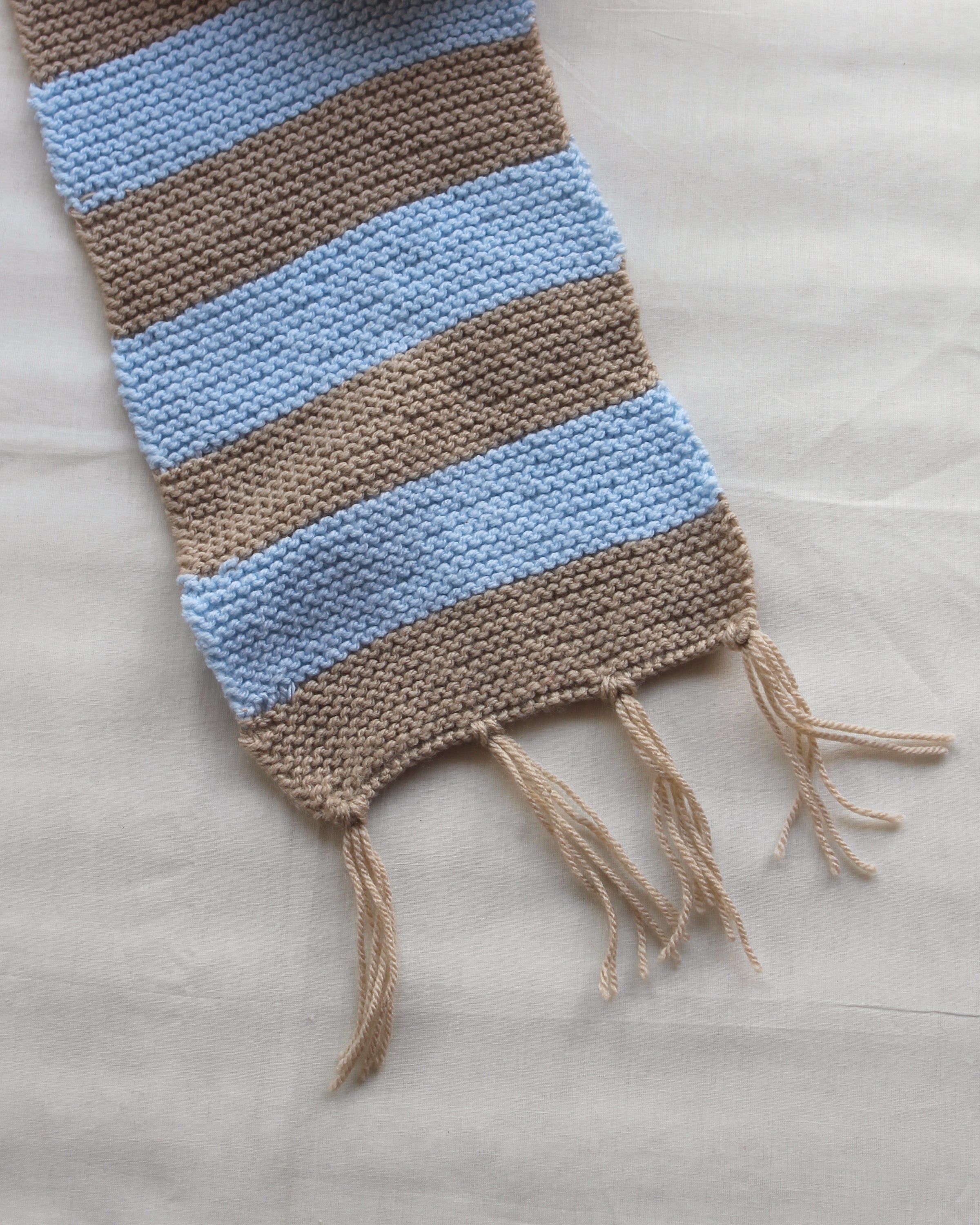 Blue Beige Band Hand-knitted Muffler