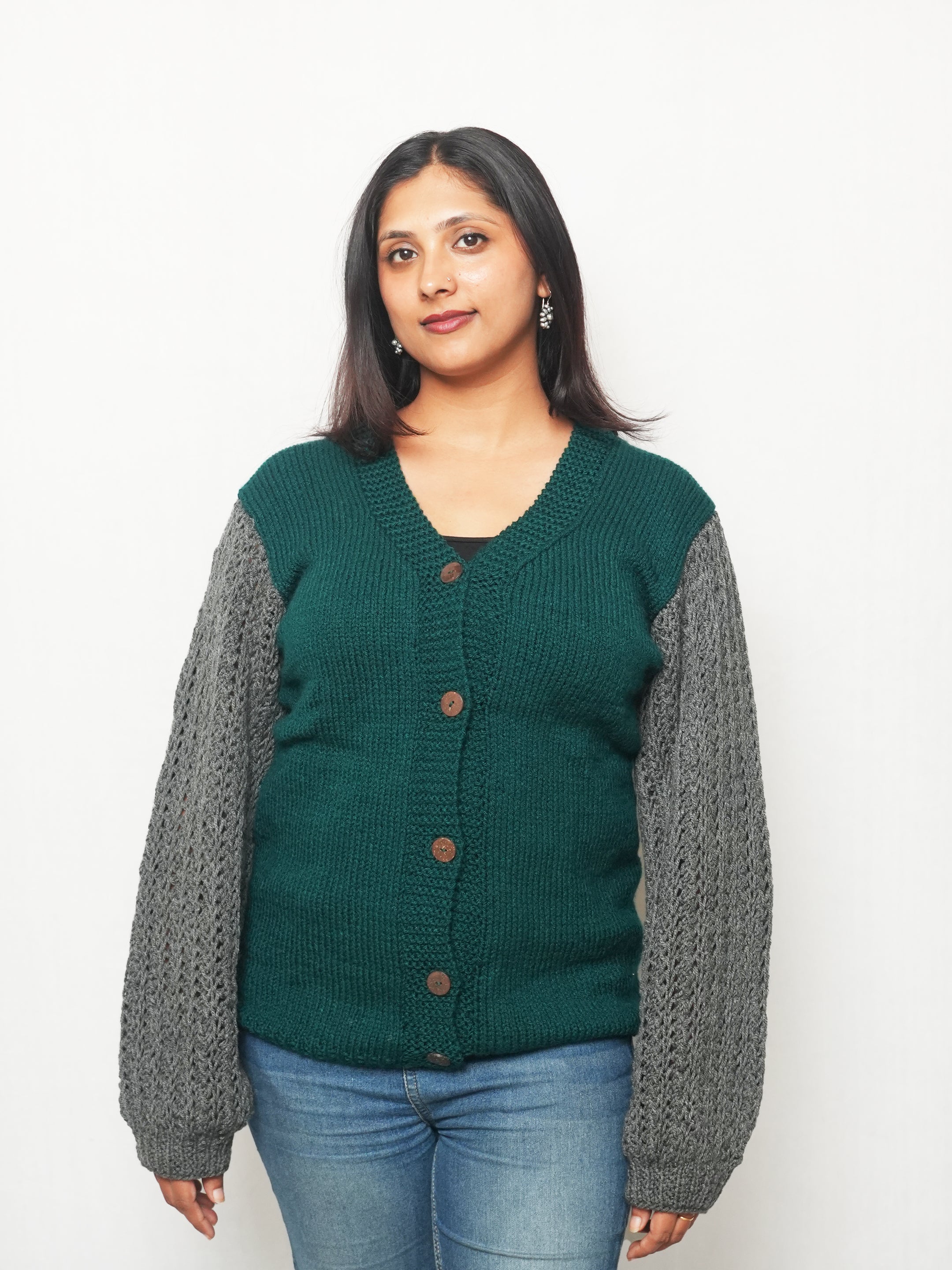 Teal Green Contrast Sleeve Cardigan