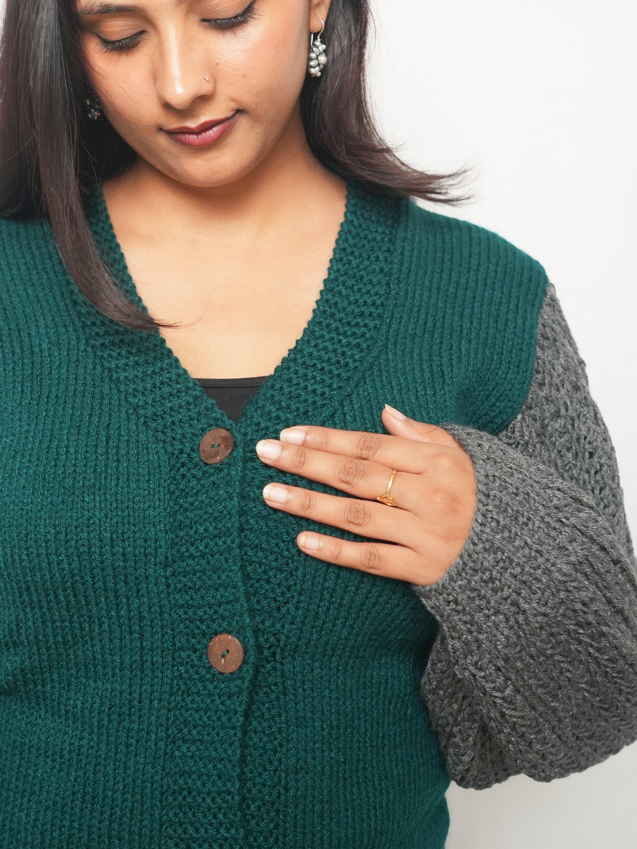 Teal Green Contrast Sleeve Cardigan