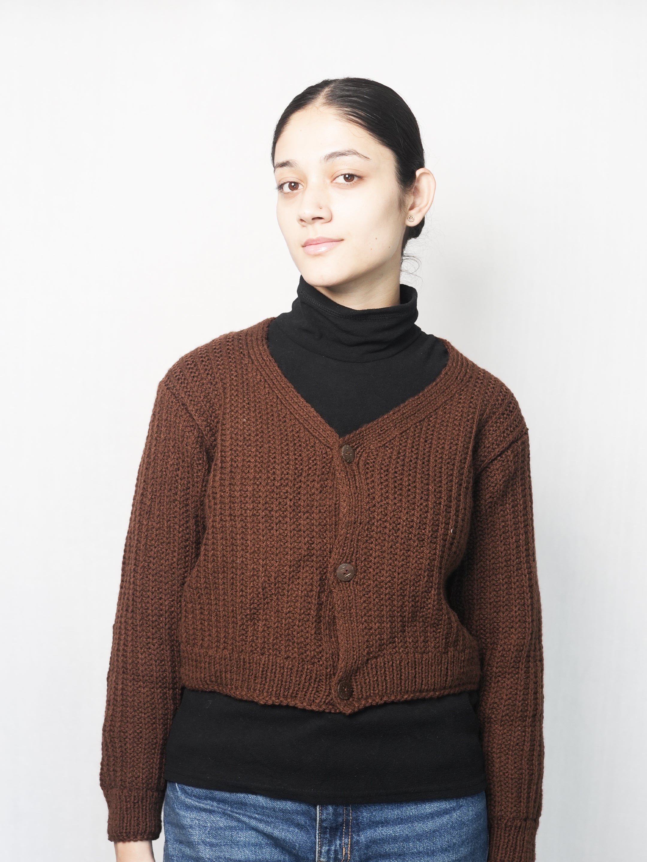 Brown Self Stripe Crop Cardigan