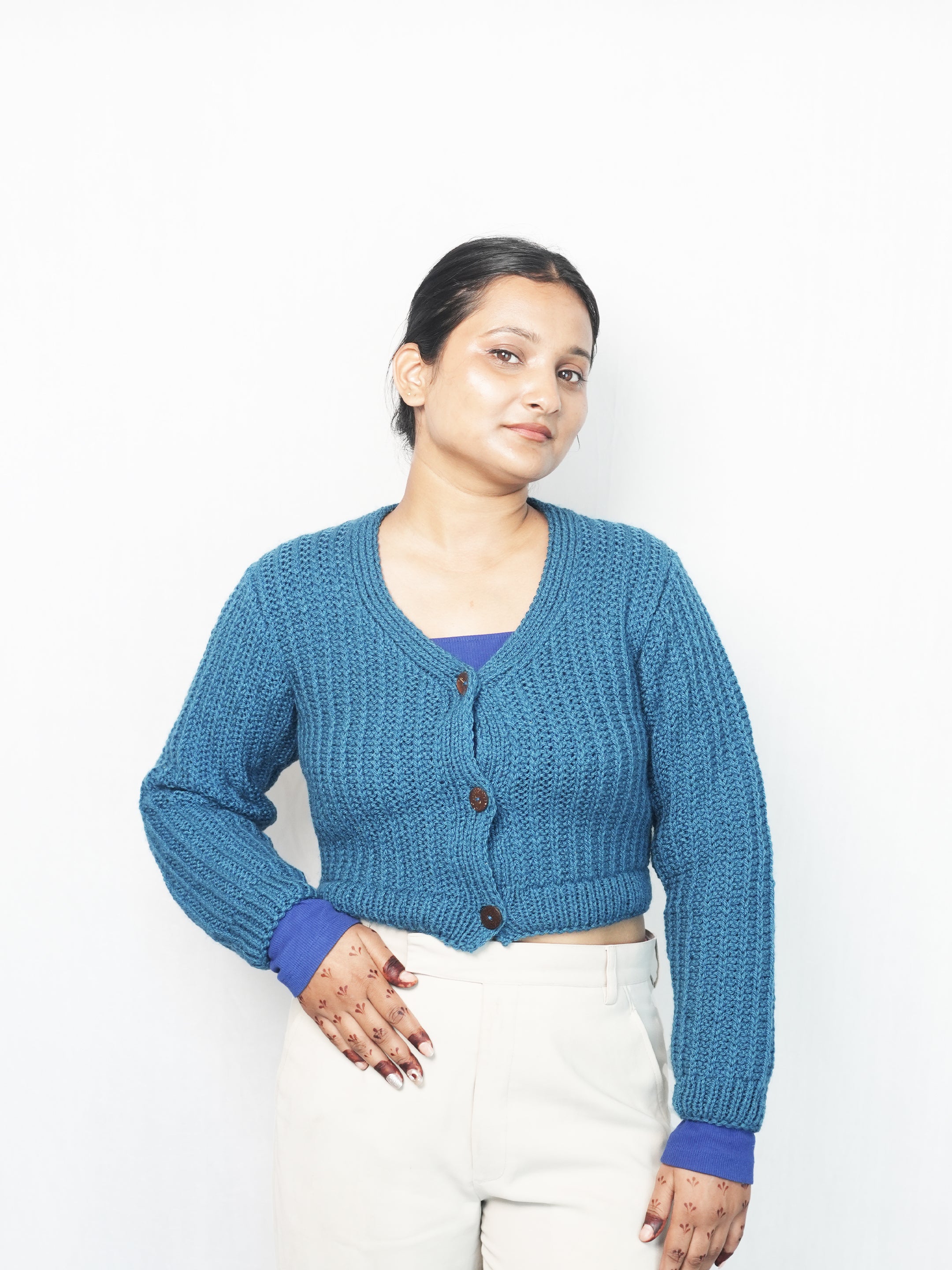 Blue Self Stripe Crop Cardigan