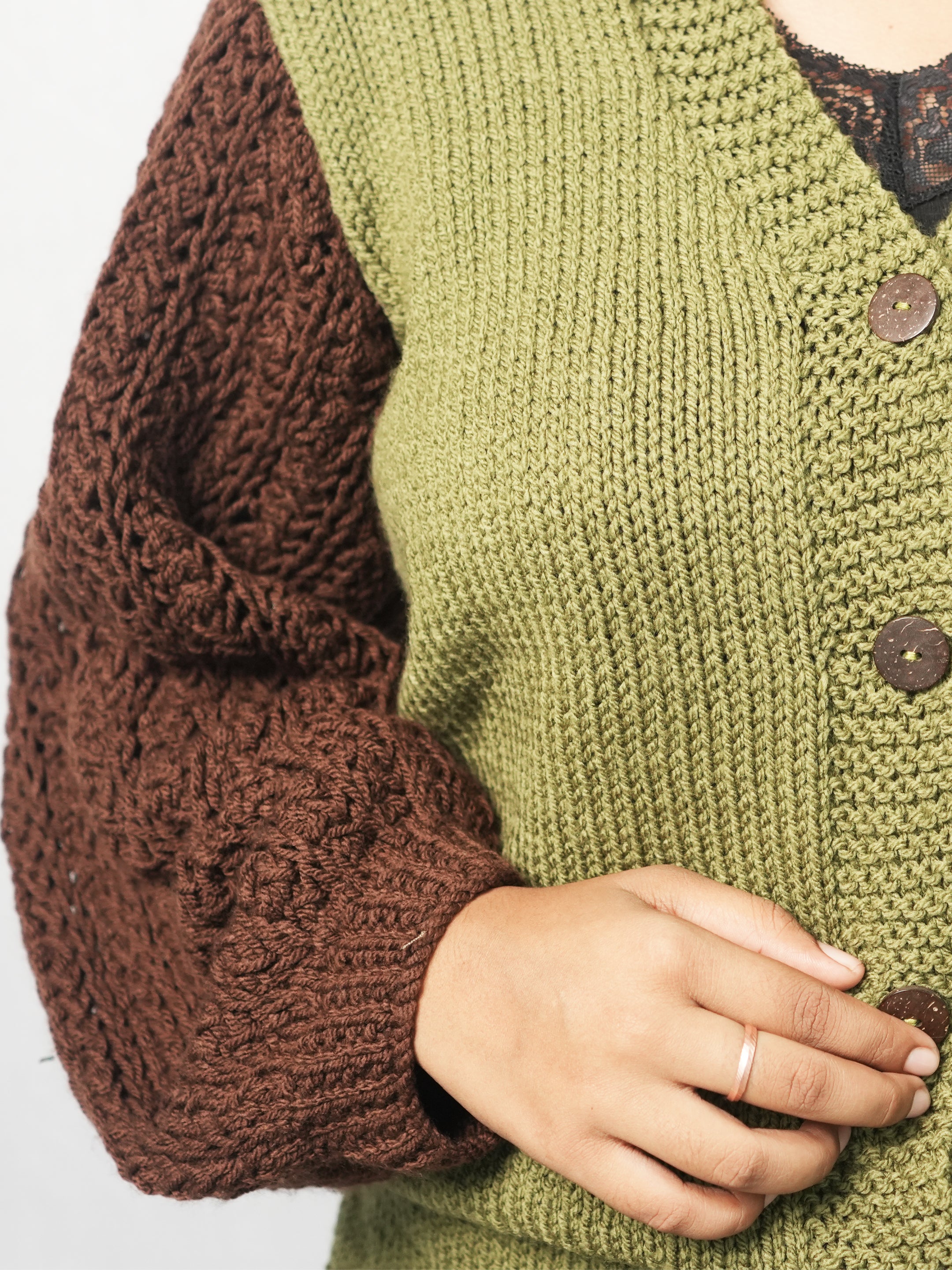 Olive Green Contrast Sleeve Cardigan